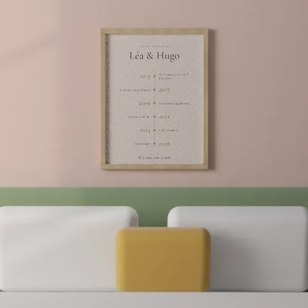 Affiche personnalisée « Notre histoire » accrochée dans une pièce, pour juger de la taille et des couleurs