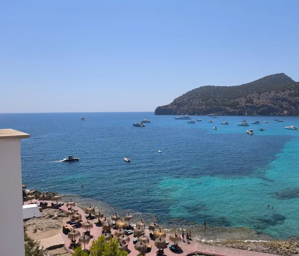 Photo de vacances prise au téléphone, vue sur une plage et une eau turquoise