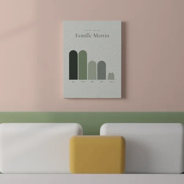 Toile personnalisée « Notre famille » accrochée dans une pièce, pour juger de la taille et des couleurs