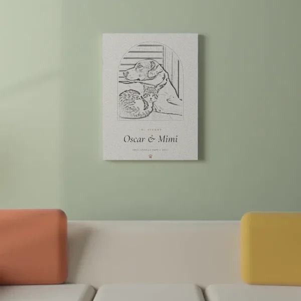 Toile portrait de votre animal personnalisée accrochée dans une pièce, pour juger de la taille et des couleurs