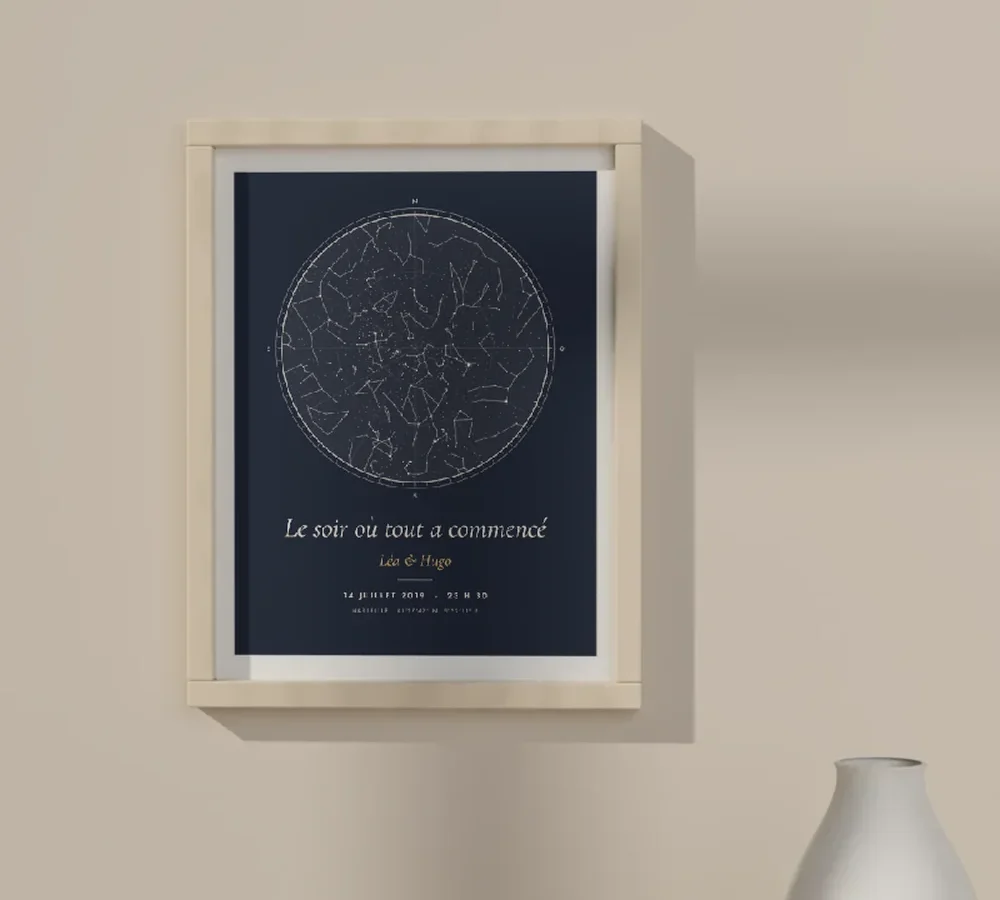 Affiche carte du ciel personnalisée encadrée, fond bleu nuit