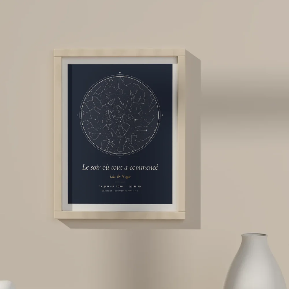 Affiche carte du ciel personnalisée encadrée, fond bleu nuit